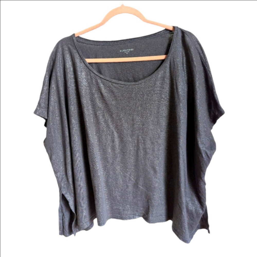 EILEEN FISCHER Grey Shiny Oversized Casual Cropped Linen Short Sleeves Top M